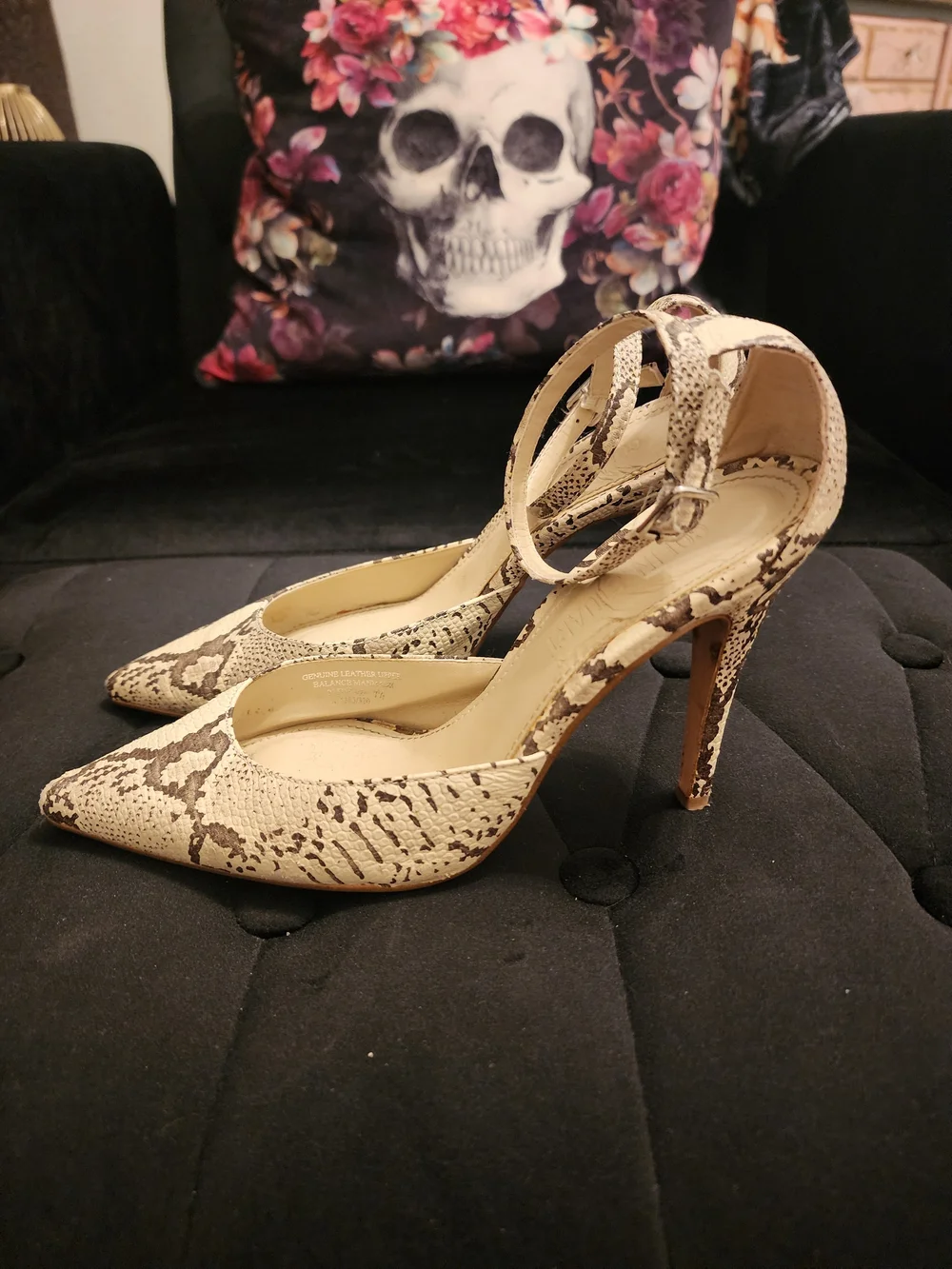 Colin Stuart Pointed Snake-Print Ankle-Strap Heels in Beige Size 7.5